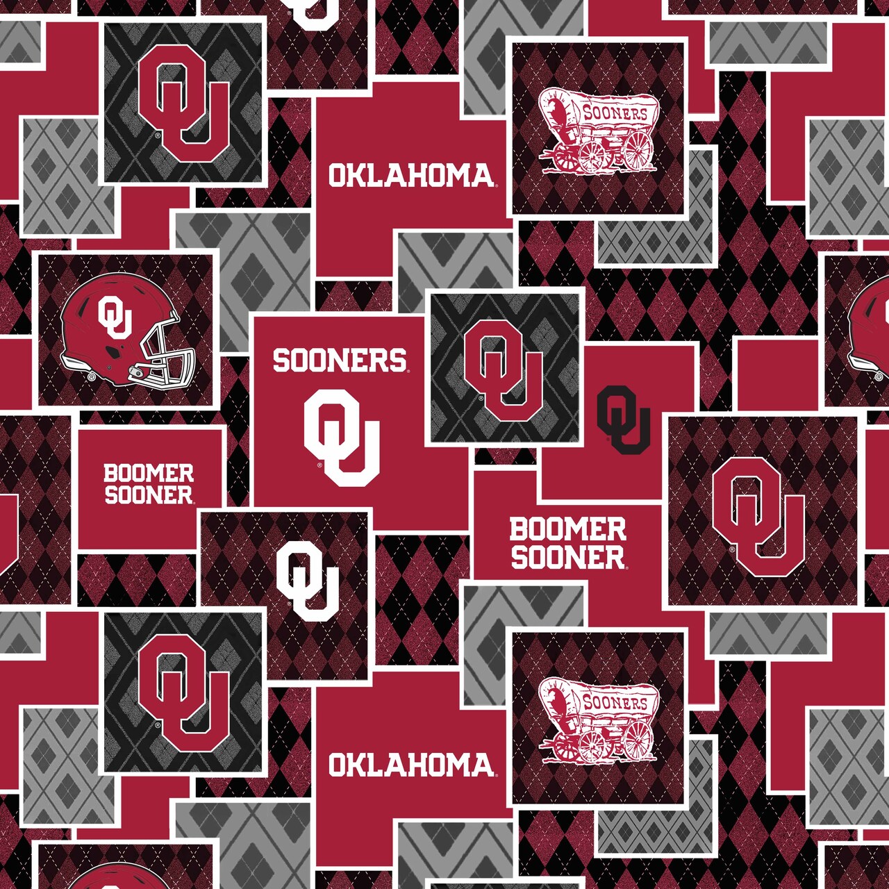 Sykel Enterprises-University of Oklahoma Cotton Quilting Fabric-Oklahoma Sooners Argyle Boxes Cotton Fabric Sold by the Yard